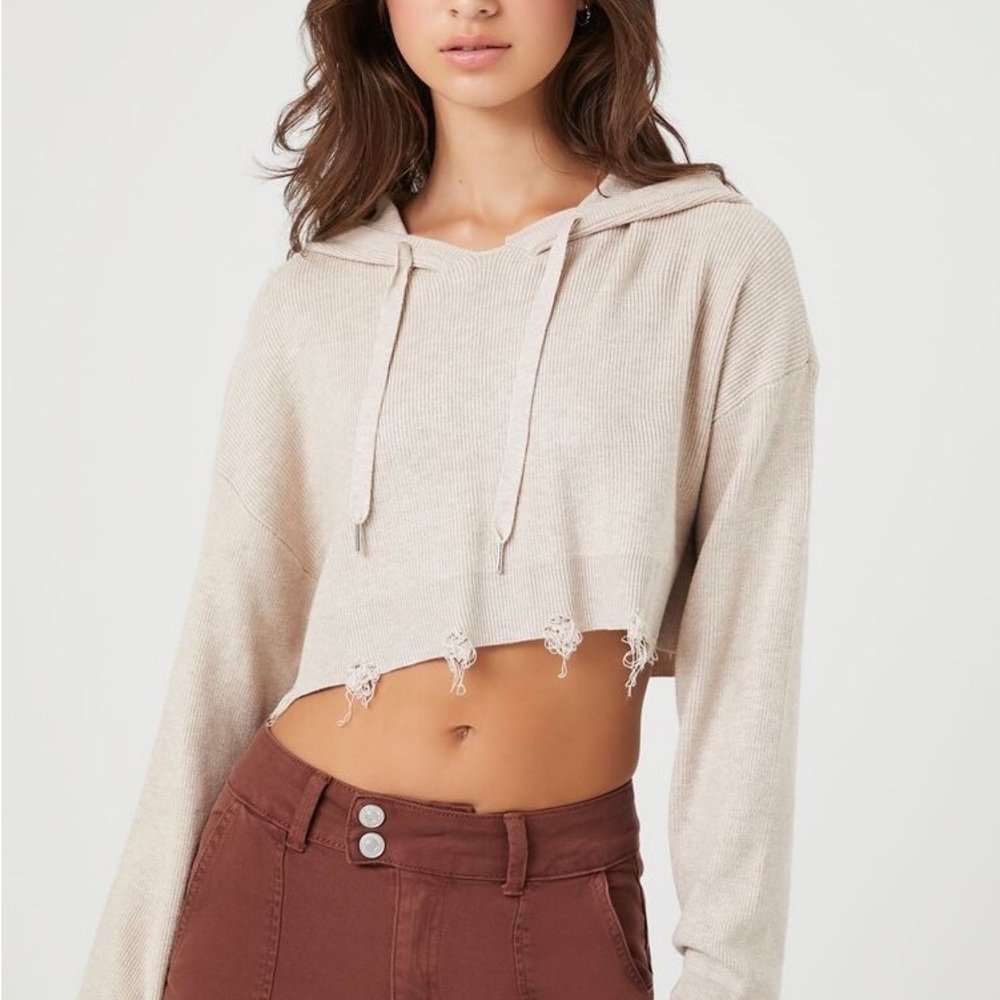 ⭐️NWT⭐️ Distressed Super Soft Cropped Ribbed Knit Sweater Hoodie XL